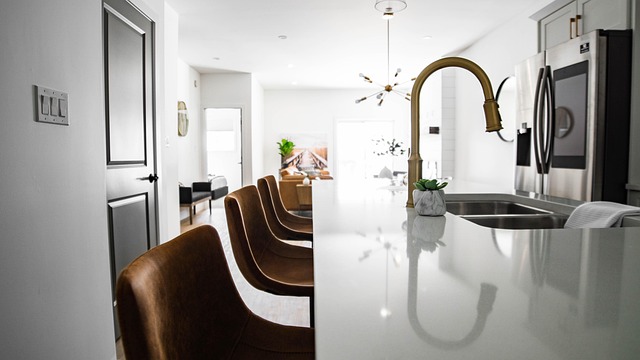 A kitchen interior with cabinets and a counter