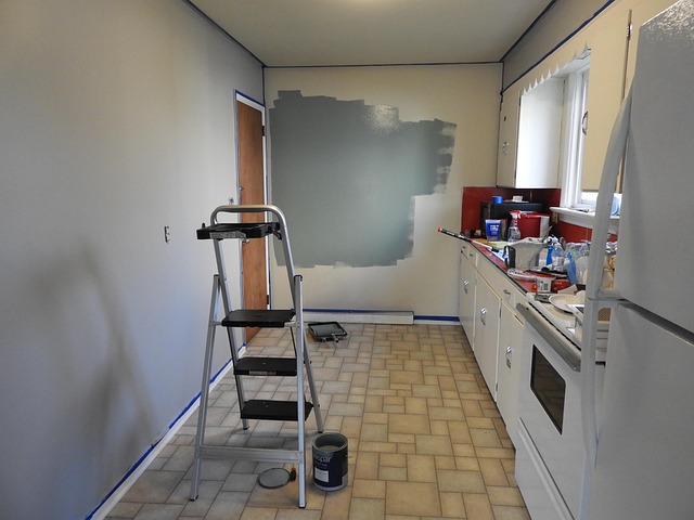 A kitchen interior with cabinets and a counter